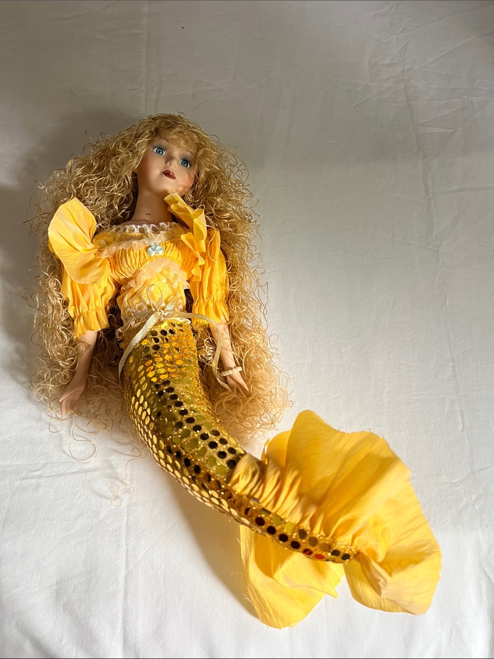 Handcrafted Yellow Mermaid Doll with Curly Blonde Hair